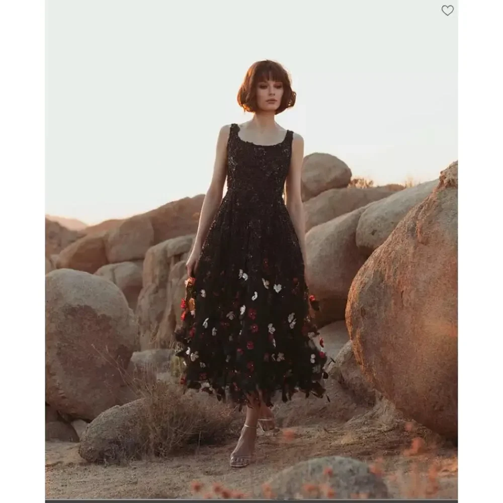 NEW Mag Duggal Sequin Floral Appliqué 3D FlowersBlack Midi Dress Size 10 - Picture 3 of 15
